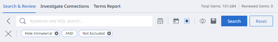 Search and Review tab showing Keywords and search bubbles.